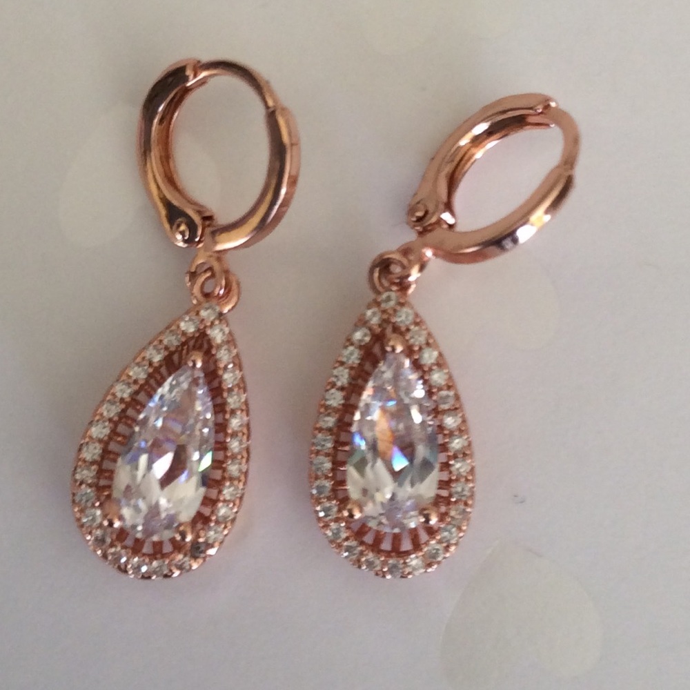 New Rose Gold Sapphire cz Teardrops dangle Earrings 1”